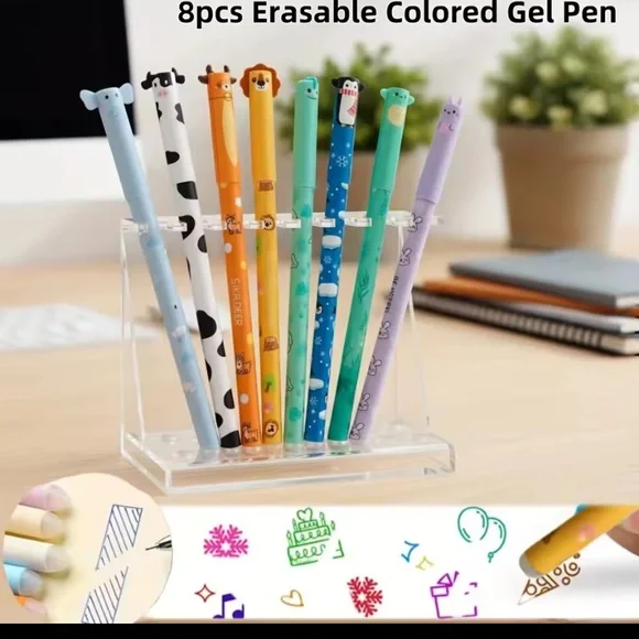 Cute Animal Cap Erasable Gel Pens Set of 8 - Assorted Colors for Kids and Adults - Picture 1 of 9